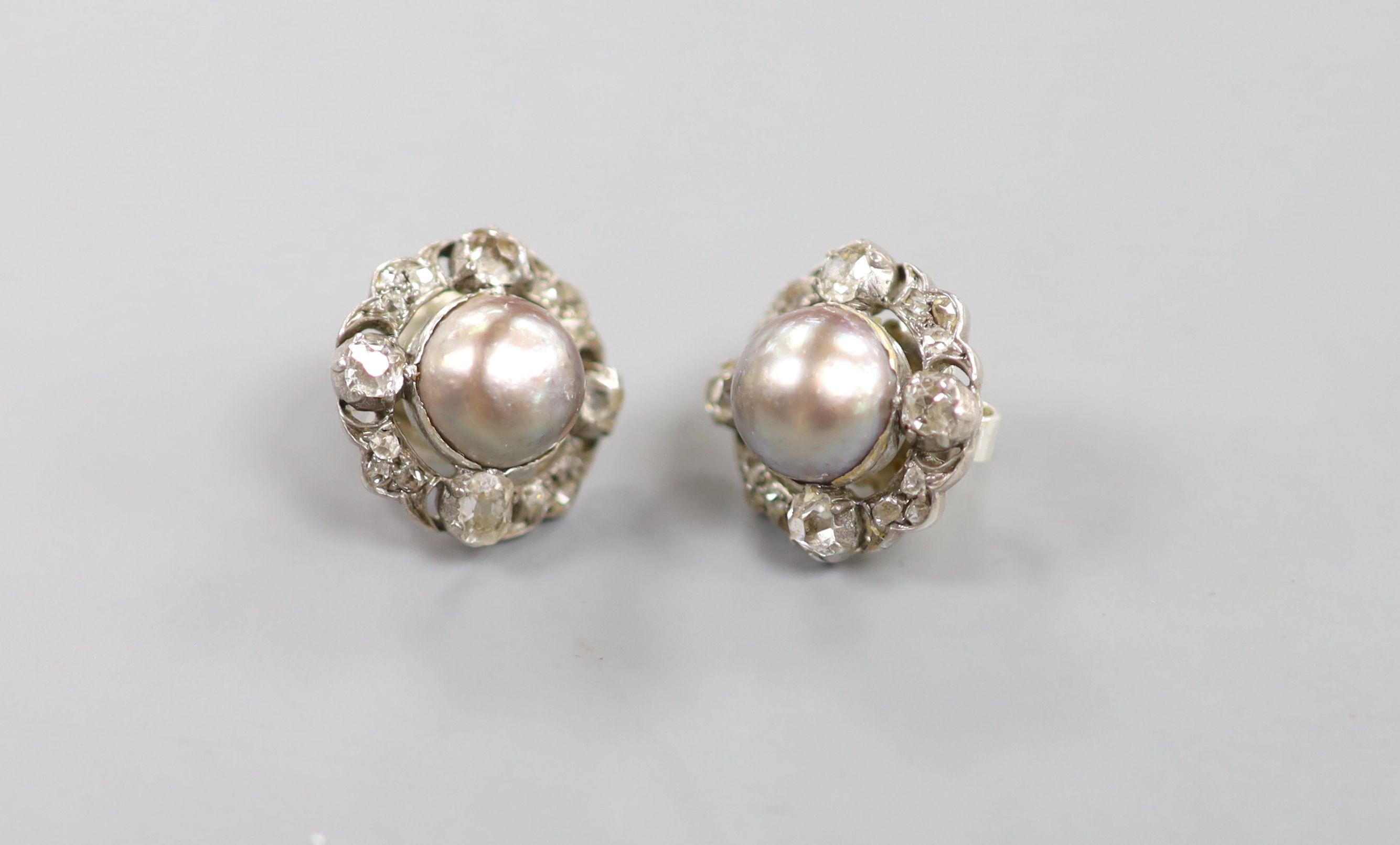 A pair of white metal, mabe pearl and old round and rose cut diamond cluster set ear studs, with 925 butterflies, 16mm, gross weight 7.4 grams.